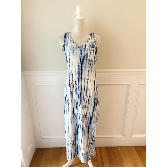 Blue Tie-Dye Racerback Maxi Dress Medium Sleeveless Cotton Blend - Picture 2 of 4